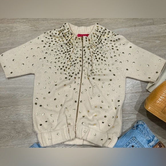 Y2K MANOUSCH CREAM WOOL BLEND EMBELLISHED OVERSIZED ZIP CARDIGAN - Picture 9 of 9